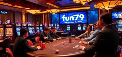 Experience high-stakes excitement at fun79's vibrant casino with lively tables and colorful chips.