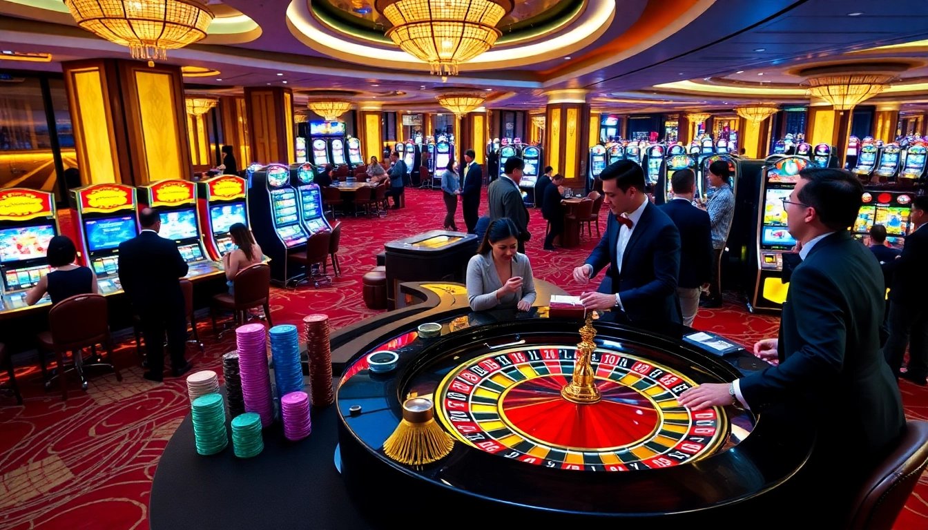 The vibrant casino floor at i9bet showcases excitement with players at a roulette table, enhancing the gambling experience.