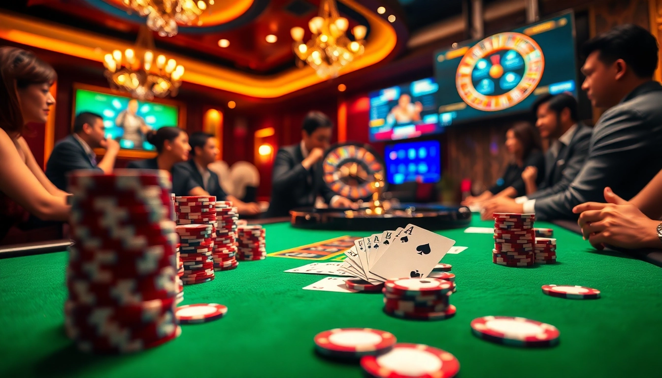 Engaging scene of 68 game bài with players at a poker table, showcasing chips and cards.
