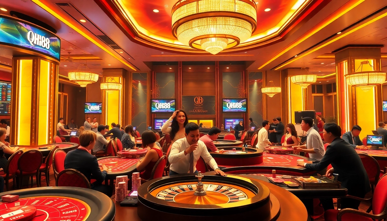 Engaging gamblers at QH88 with vibrant casino action featuring baccarat and roulette tables.