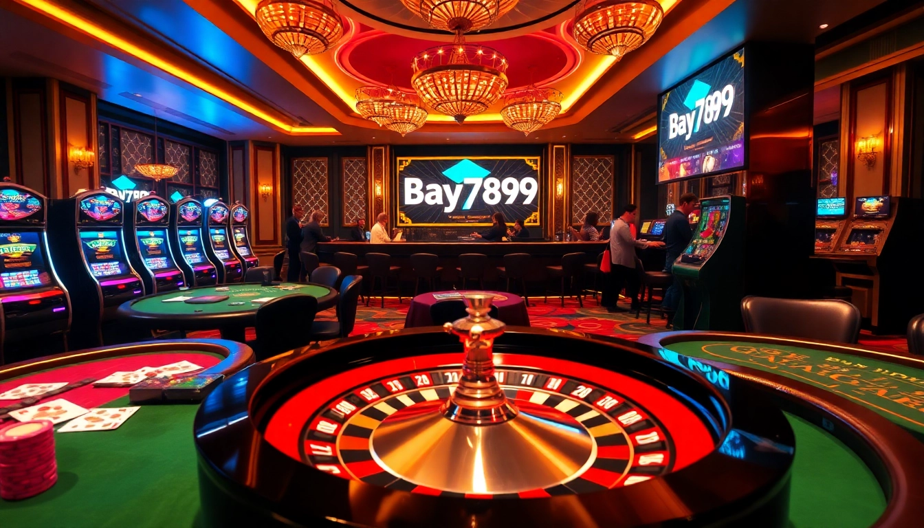 Bay789 casino scene showcasing vibrant tables, roulette wheels, and players engaging in gaming action.