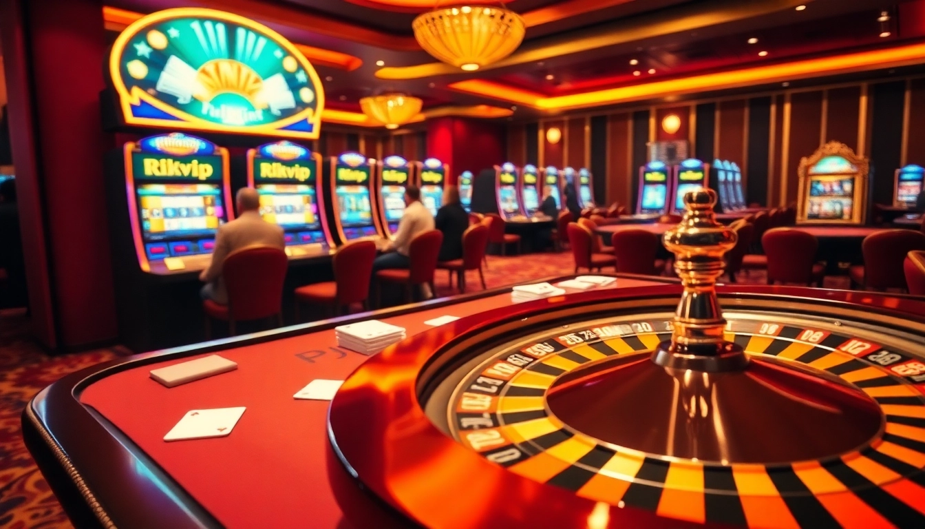 Rikvip players enjoying a thrilling casino experience at lavish gaming tables and vibrant slot machines.