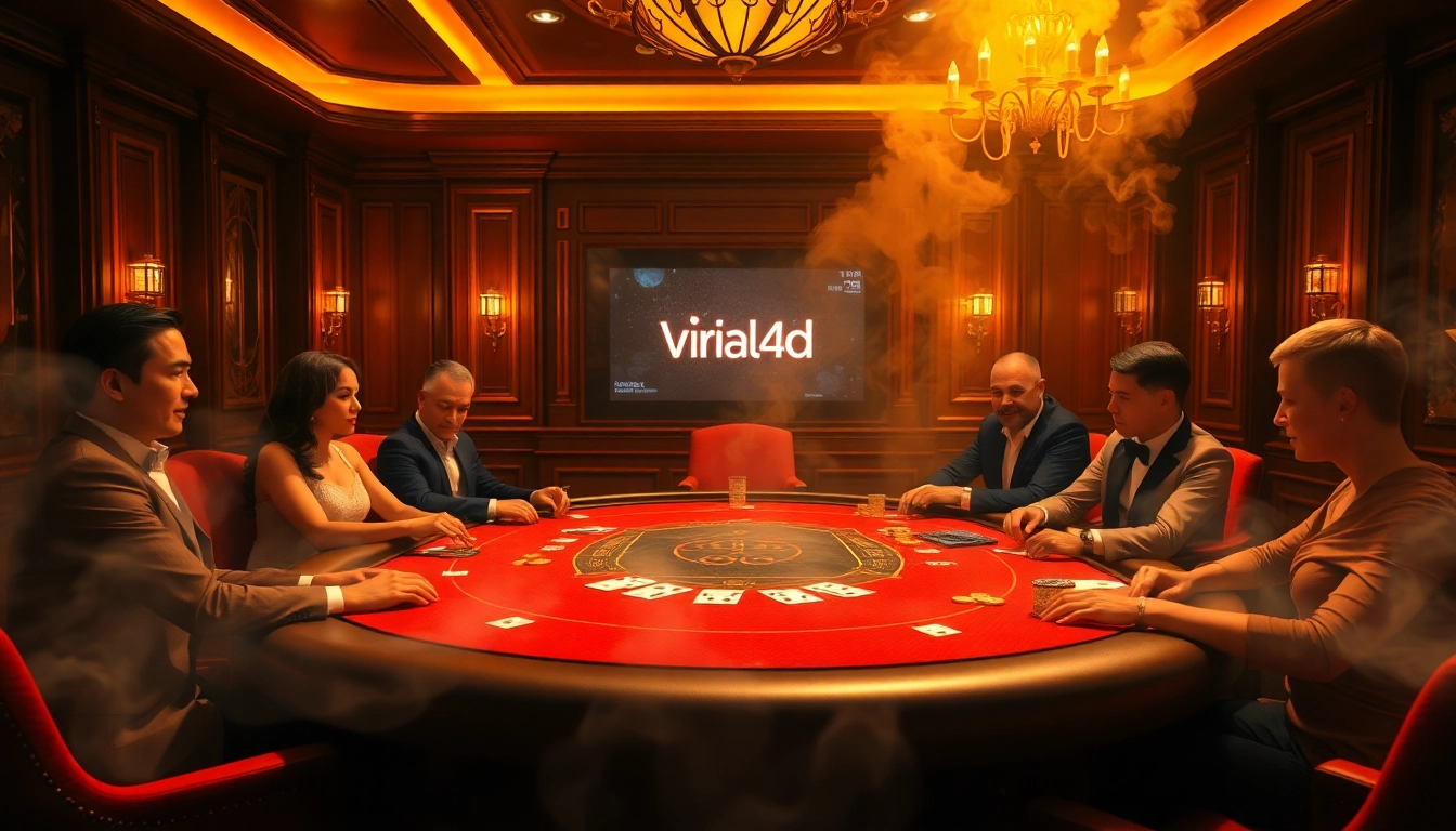 Players strategizing at a luxurious poker table featuring viral4d branded elements amidst a vibrant casino atmosphere.