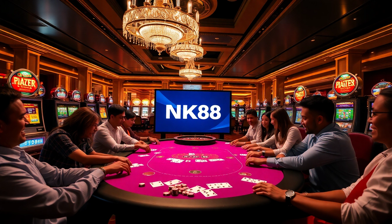 Players enjoying a thrilling game at NK88 casino, surrounded by vibrant poker action and exciting atmosphere.