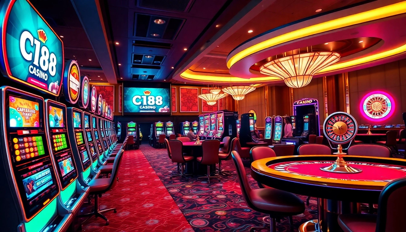 C168 logo displayed prominently in a vibrant casino scene with players enjoying table games and slot machines.