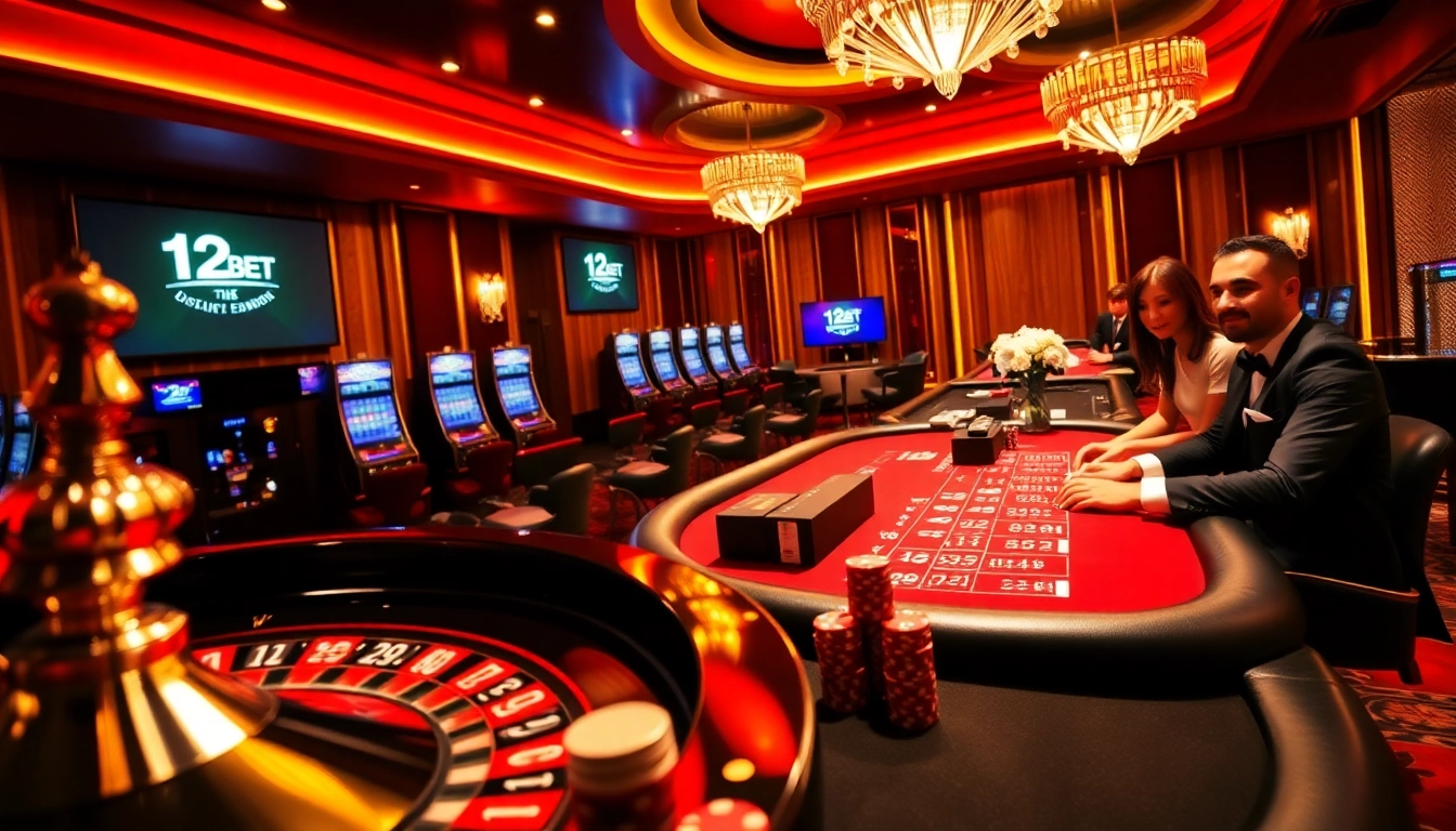 Experience the excitement of gambling at 12BET with vibrant casino tables and engaging players.