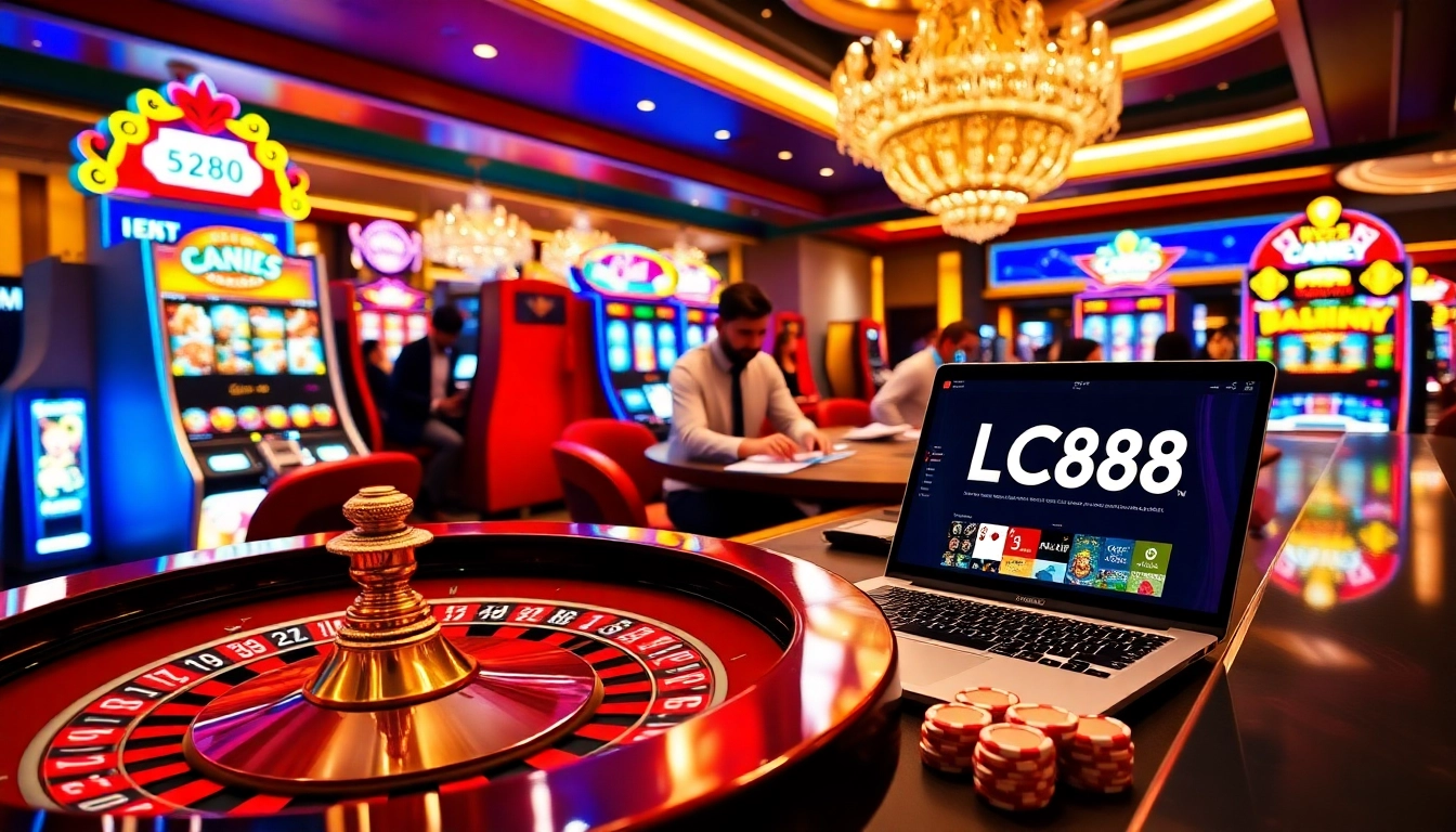 Experience high-stakes gaming at LC88 casino featuring roulette, poker chips, and thrilling ambiance.