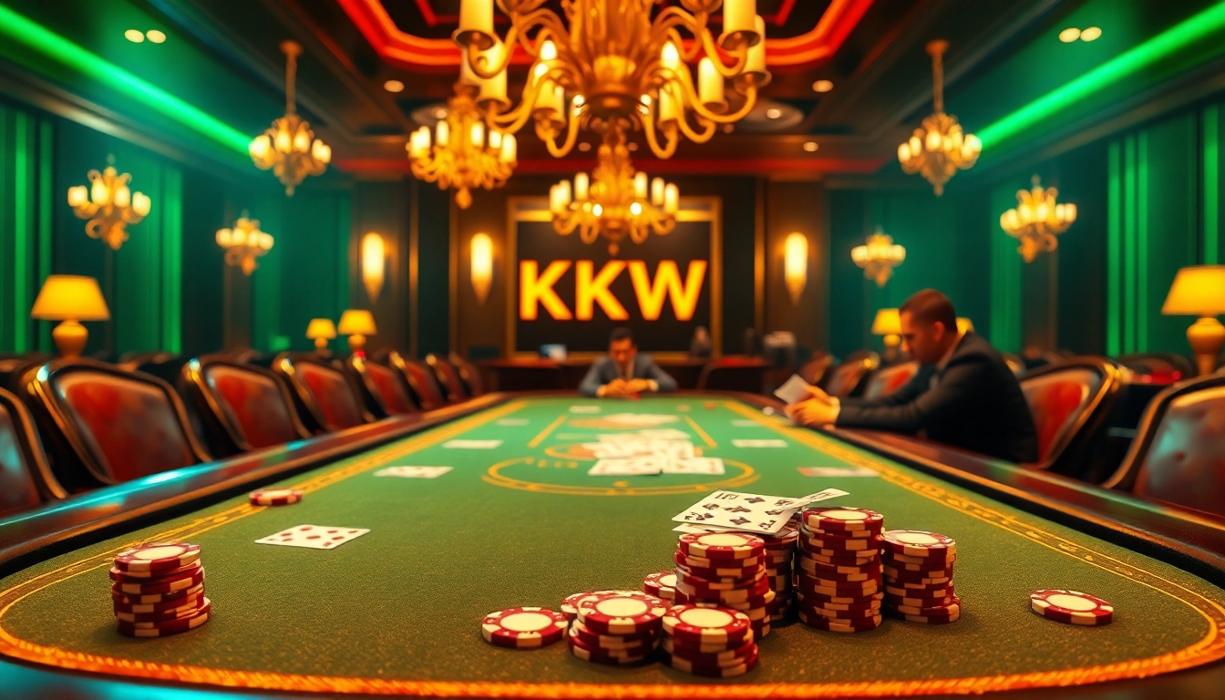 Exciting poker game scene featuring KKW in an elegant casino setting with premium chips and cards.