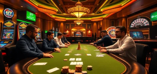 High-stakes poker game at 6FF casino with luxurious ambiance and exciting atmosphere.