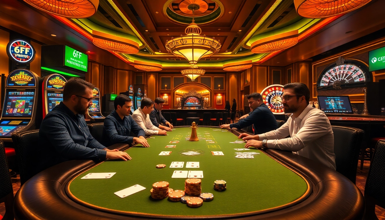 High-stakes poker game at 6FF casino with luxurious ambiance and exciting atmosphere.