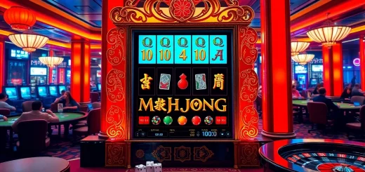 Play slot demo on a luxurious Mahjong-themed slot machine in a vibrant casino setting.