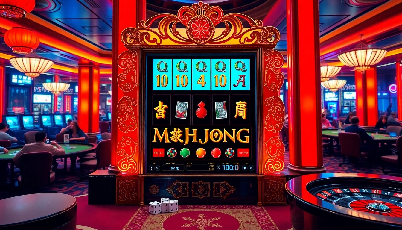 Play slot demo on a luxurious Mahjong-themed slot machine in a vibrant casino setting.
