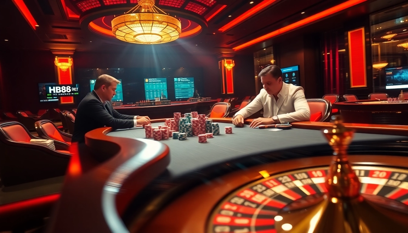 Engage with hb88 at a high-stakes poker table surrounded by vibrant casino lights and excitement.