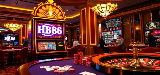 Play exciting games at HB88 casino with poker chips and vibrant slot machines.