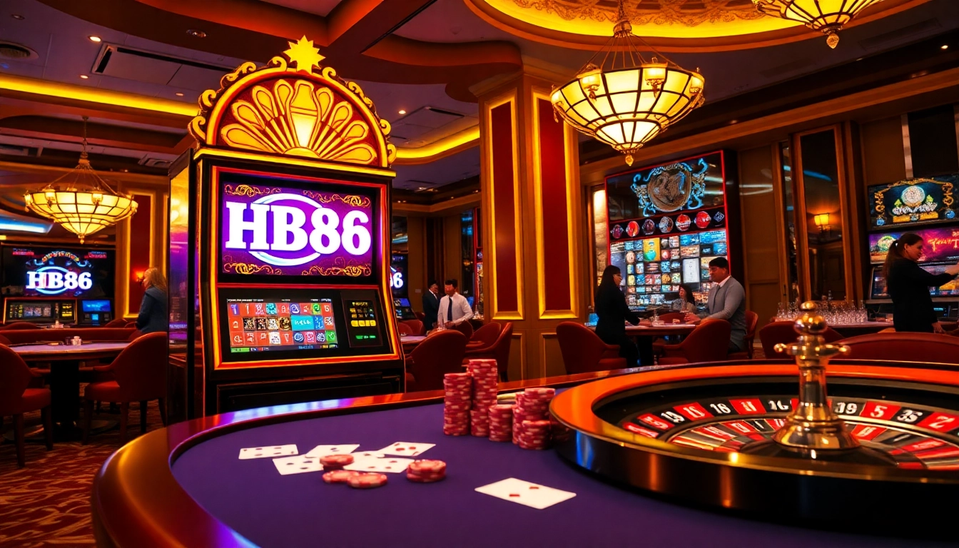 Play exciting games at HB88 casino with poker chips and vibrant slot machines.