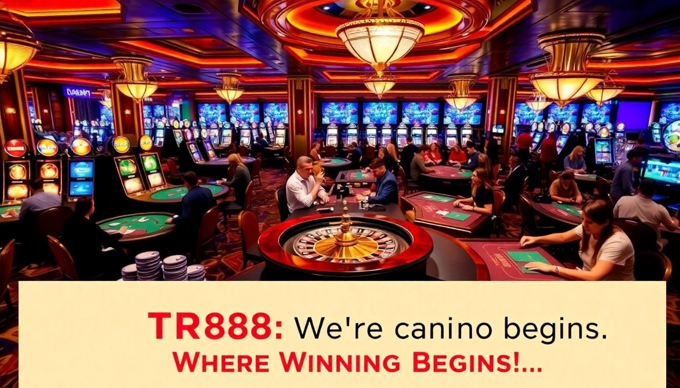 Experience the excitement of TR88 as players engage at casino tables with vibrant decorations.