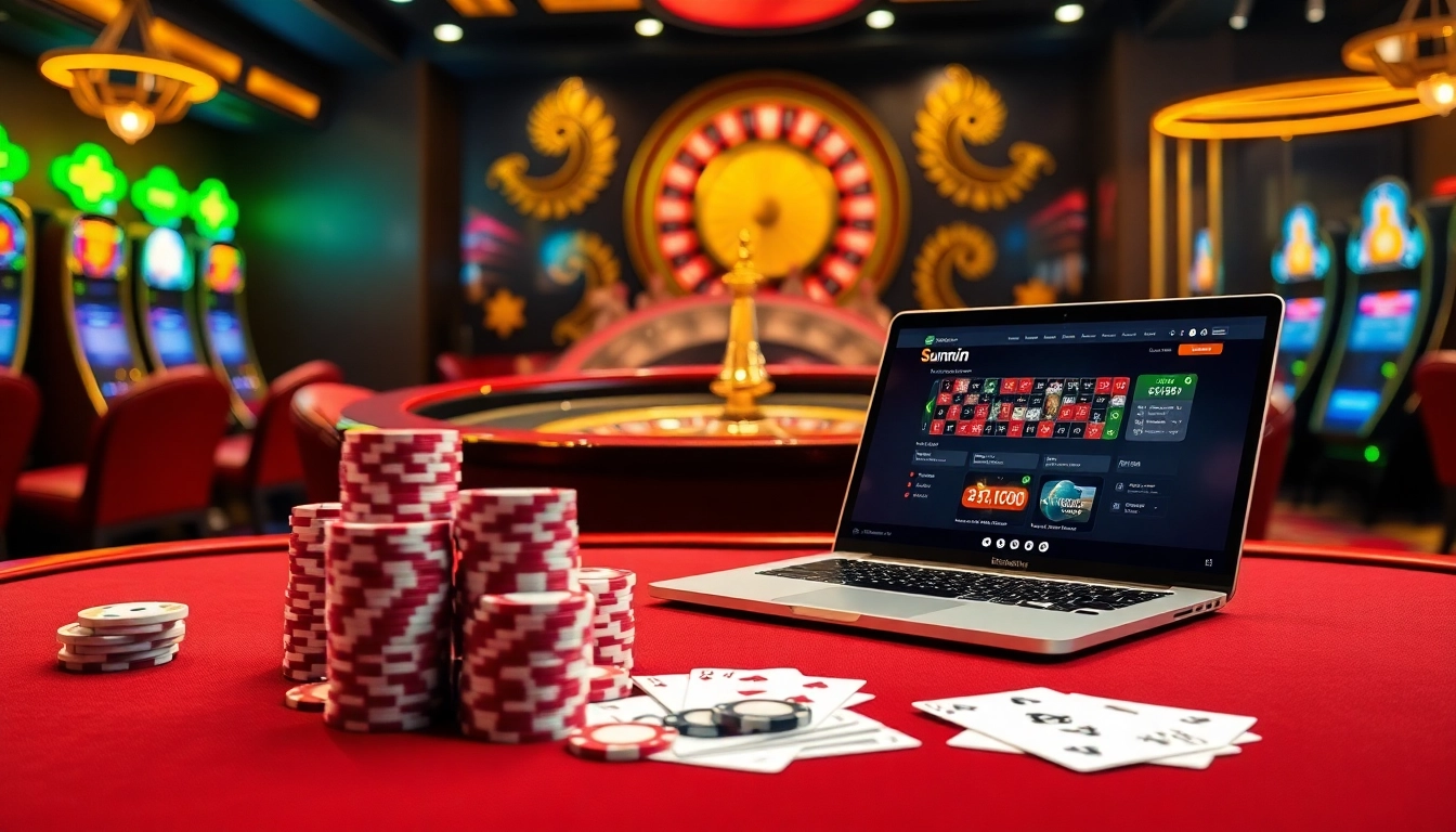 Sunwin players engaging in thrilling games at a luxurious online casino setting