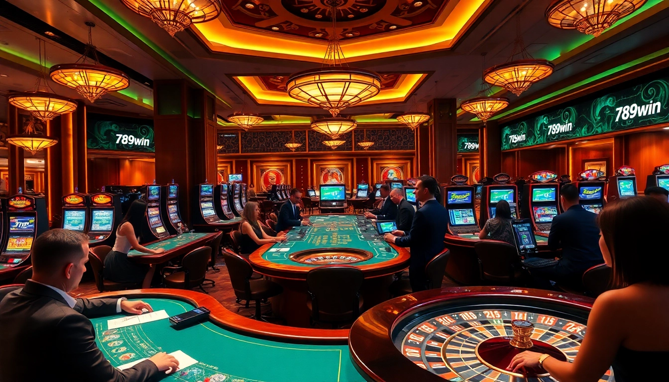 Engage with thrilling casino games at 789win, showcasing poker tables, slots, and roulette.