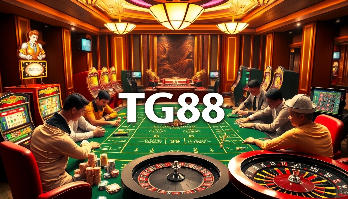 Experience thrilling gameplay at a casino table featuring TG88, poker chips, and vibrant slot machines.