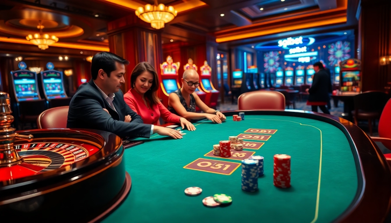 Soibet players strategizing at a luxurious poker table in a vibrant casino setting.