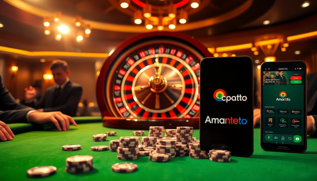 Players engaging in thrilling games at Amanahtoto's vibrant casino with a roulette wheel.