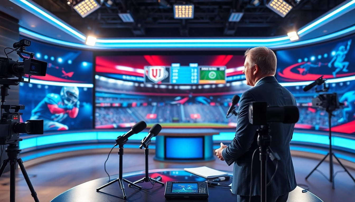 Engaging scene of sports broadcasting with a live sports anchor presenting updates.
