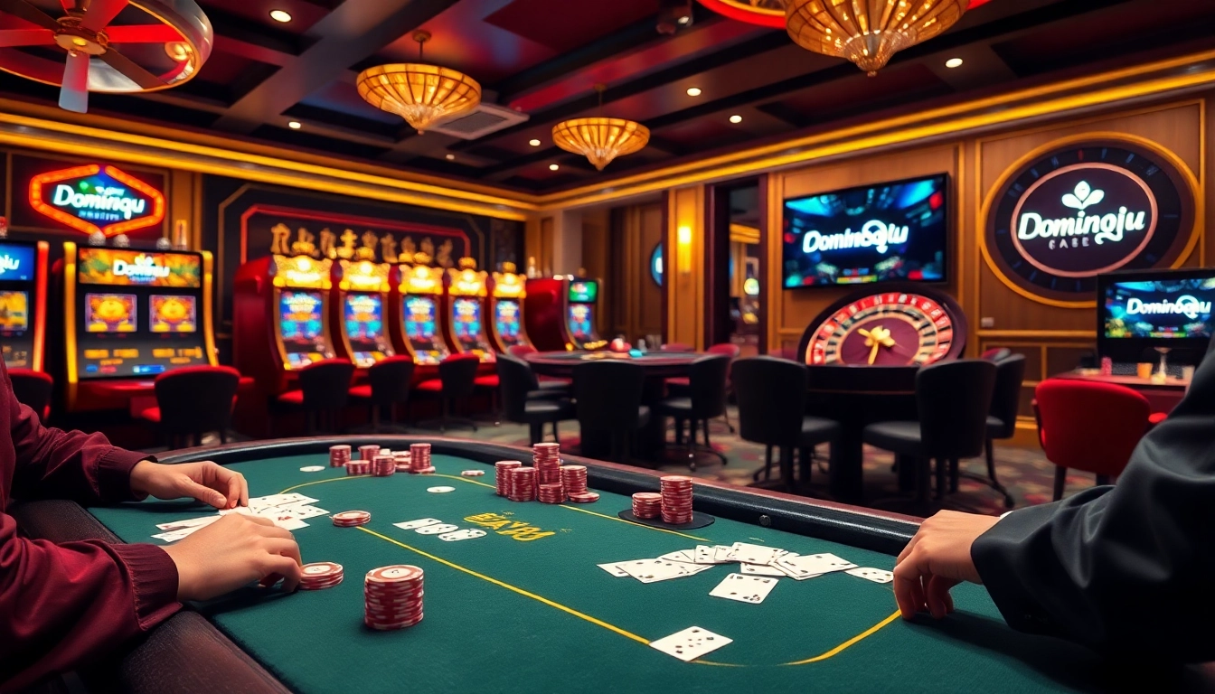 Players enjoying a thrilling game of poker at Dominoqiu, surrounded by colorful chips and slot machines.