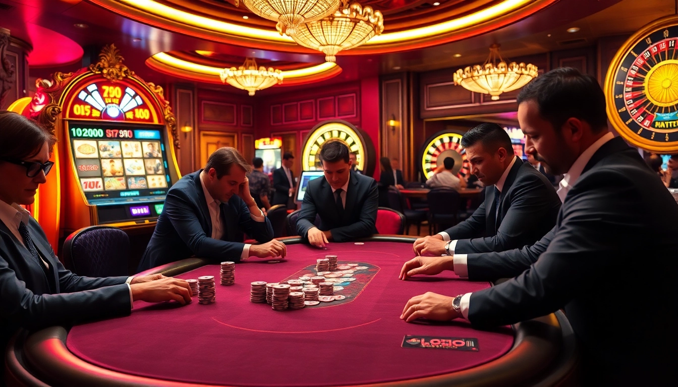KJC showcases a thrilling casino atmosphere with professional gamblers and vibrant tables, embodying excitement.