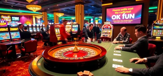 Players engaging at the vibrant OKFUN casino table, showcasing excitement with roulette and poker games.