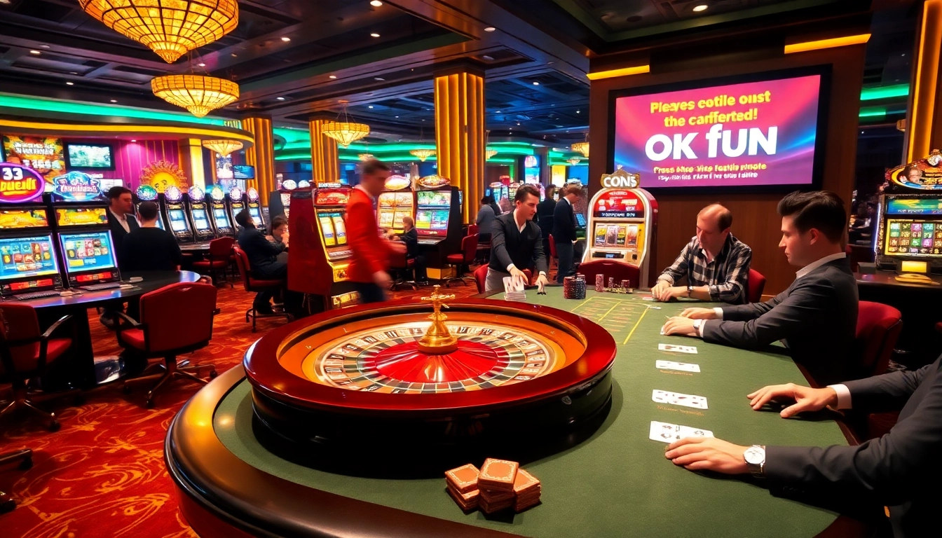 Players engaging at the vibrant OKFUN casino table, showcasing excitement with roulette and poker games.