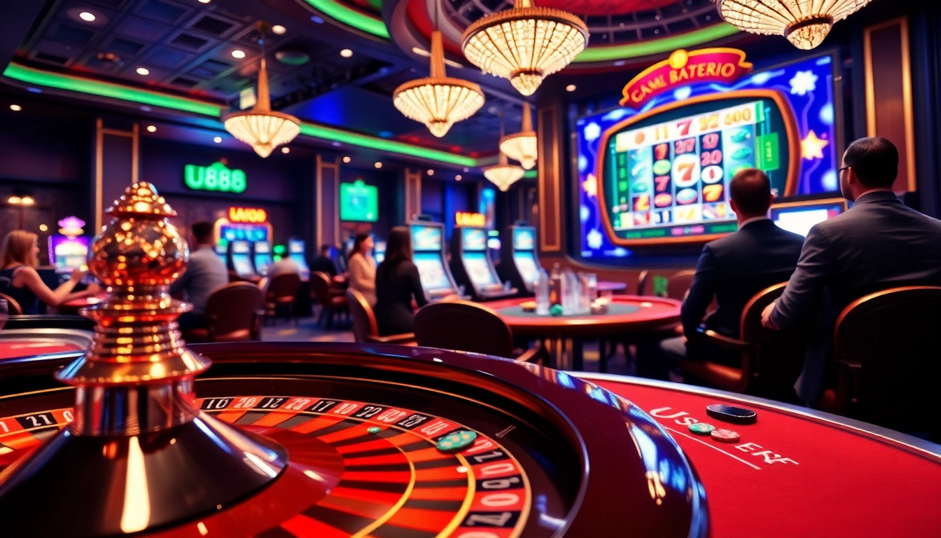 Players enjoying a thrilling moment at the u888 online casino with poker chips and a roulette wheel.