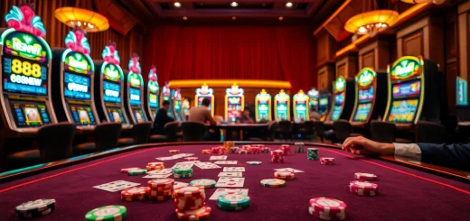 Exciting casino scene featuring poker and slots at 888NEW, highlighting vibrant gaming atmosphere.