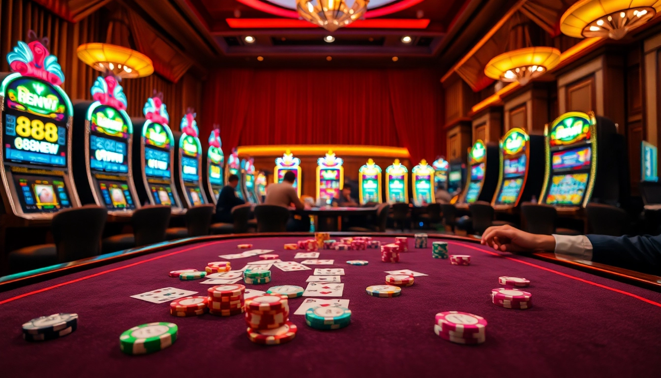 Exciting casino scene featuring poker and slots at 888NEW, highlighting vibrant gaming atmosphere.