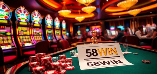 Experience the thrill of gambling with 58WIN at an exciting casino gaming table filled with chips and roulette wheels.