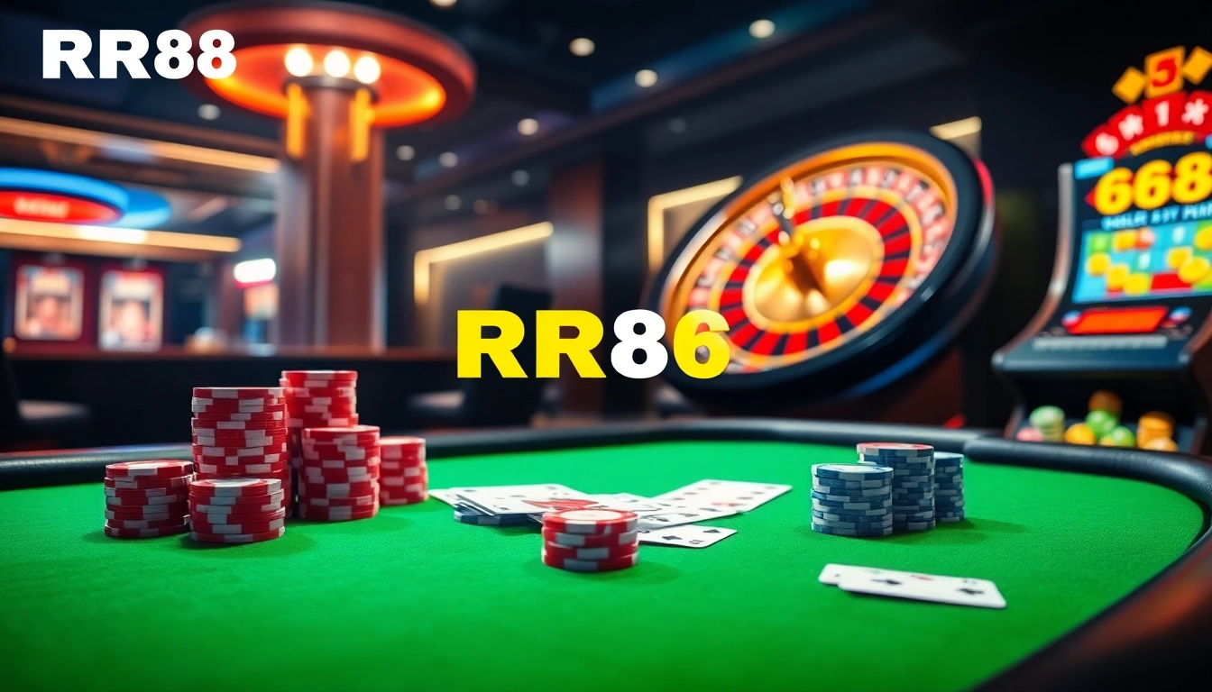 RR88 poker game setup with vibrant chips and cards on a stylish table