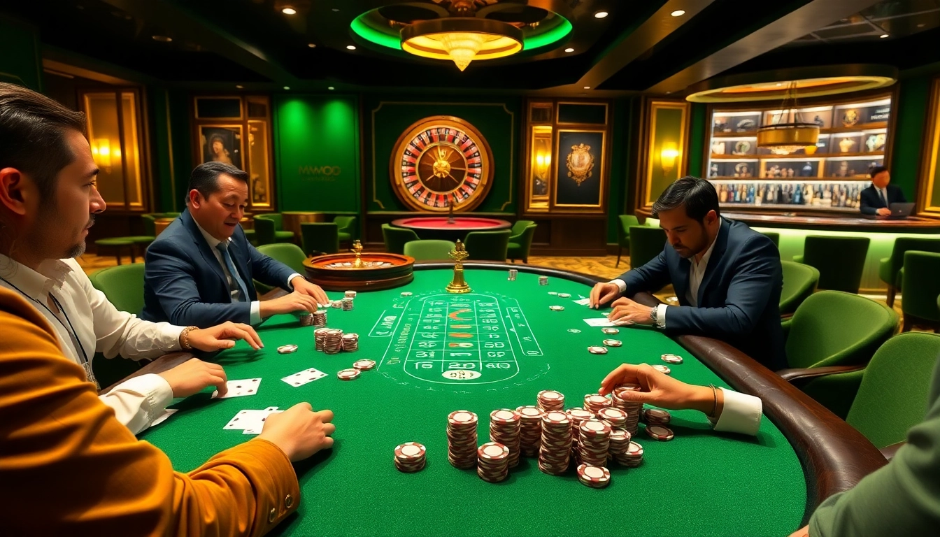Experience high-stakes poker at MMOO, featuring luxurious tables and vibrant casino atmosphere.