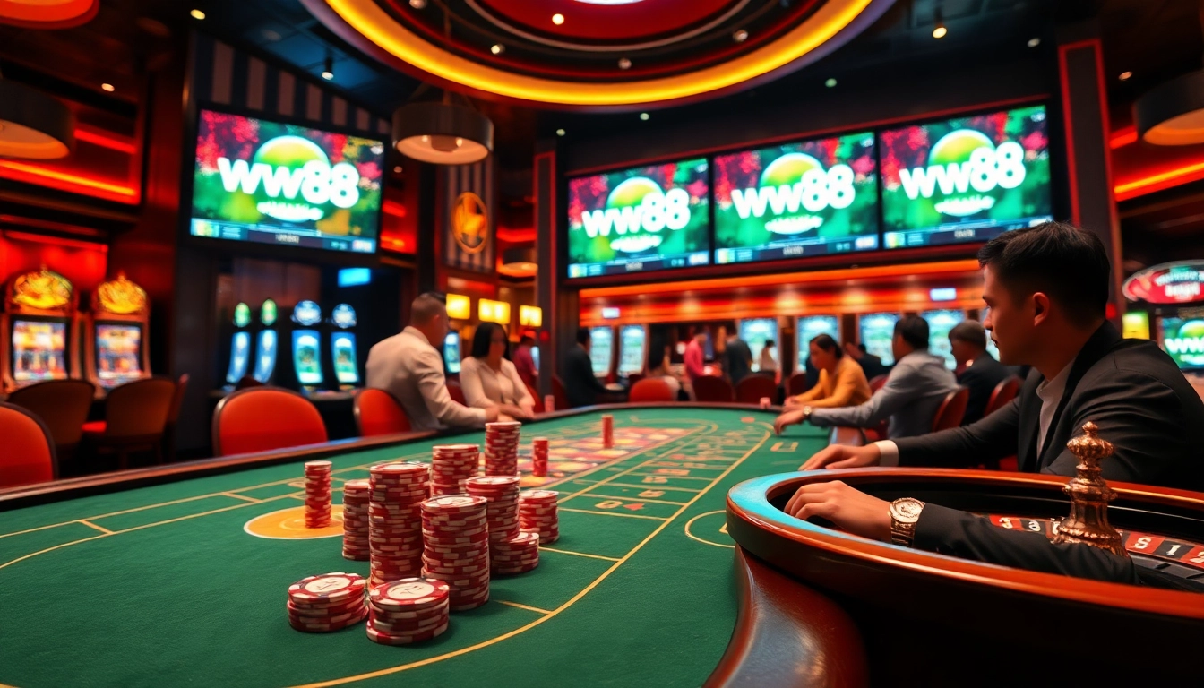 Engaged players at a luxurious poker table in a vibrant online casino scene representing ww88.