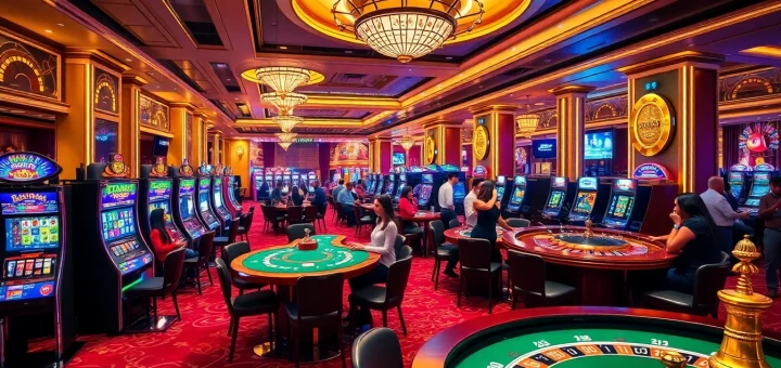 Exciting gaming scene at https://s8com.net with vibrant slot machines and poker action.