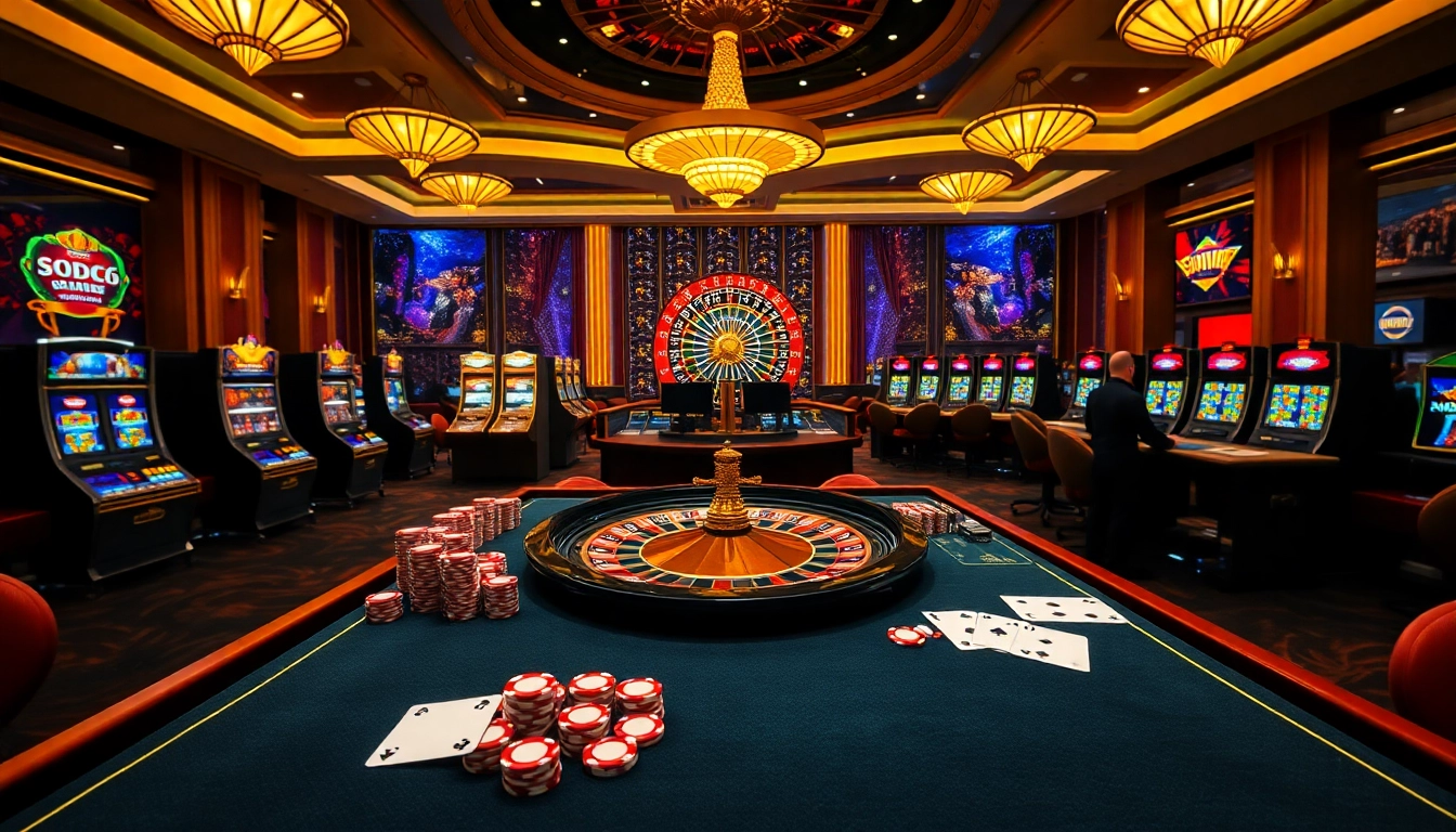 SODO66 casino scene with vibrant tables, slots, and roulette, capturing the excitement of online gambling.