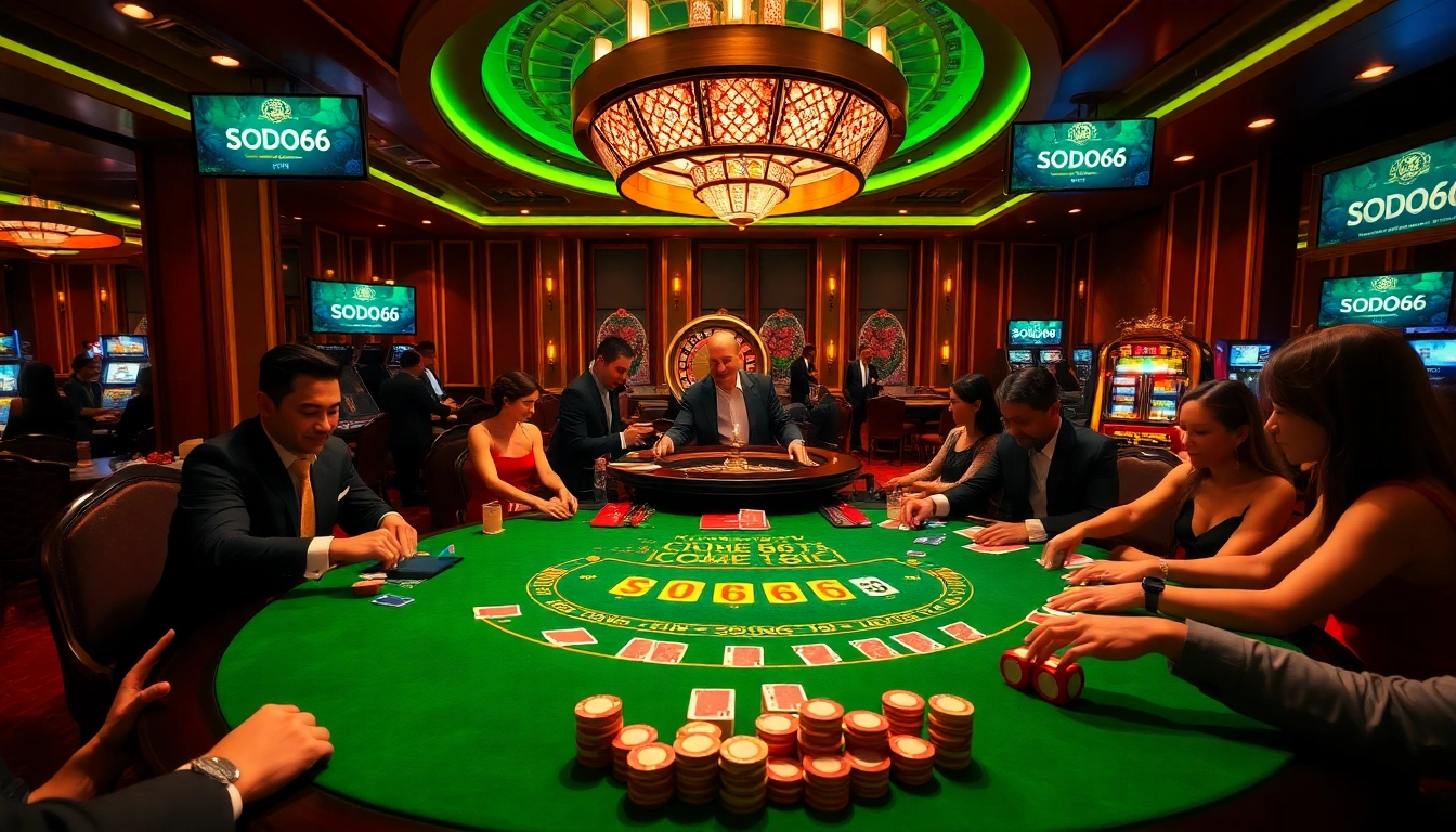 Engaged players enjoying blackjack at SODO66 casino with vibrant decor and professional dealers.