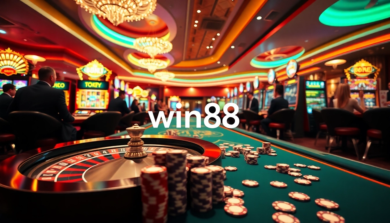 Experience thrilling gaming with win88 at an elegant online casino featuring vibrant slot machines.
