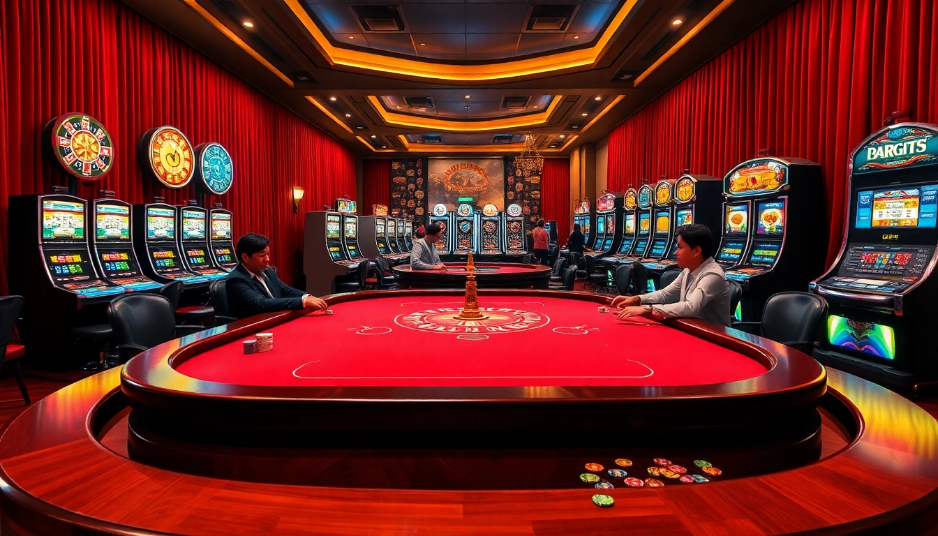 Thrilling casino scene featuring Kingfun gaming with poker tables and vibrant slot machines.