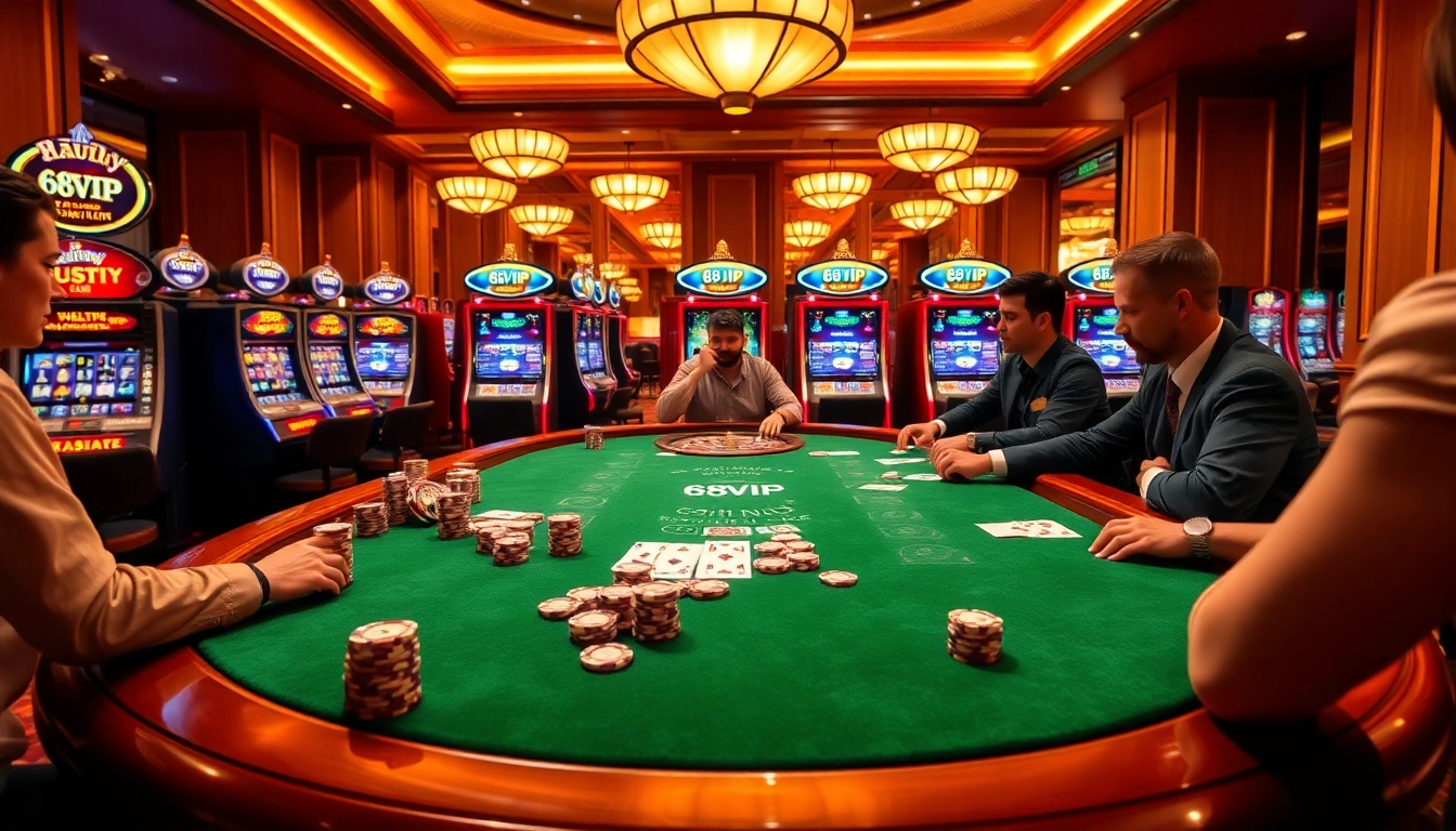Engage in a thrilling game at 68VIP casino, featuring vibrant poker action and sleek gaming tables.