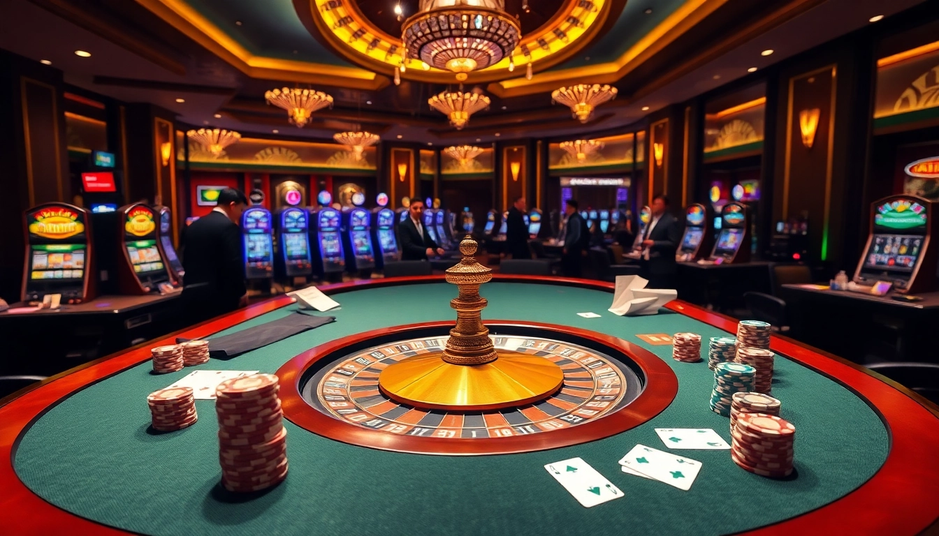 Exciting casino scene showcasing da88 bet with poker chips, roulette wheel, and vibrant slot machines.