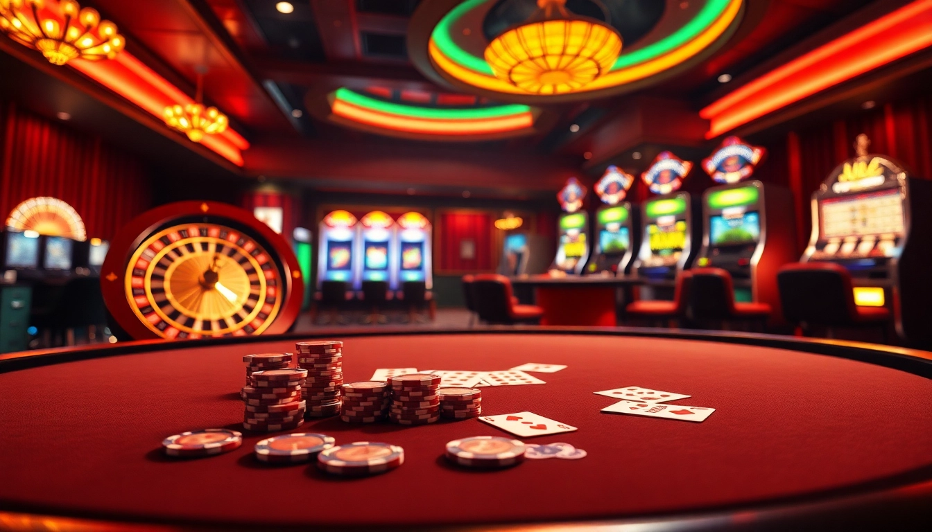 Engaging scene of kèo nhà cái with poker chips, cards, and a roulette wheel at a casino.