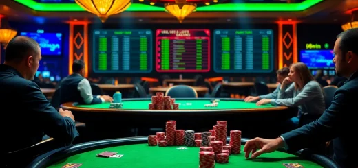 Poker players immersed in a thrilling game at 98win's luxurious casino table, showcasing excitement and strategy.