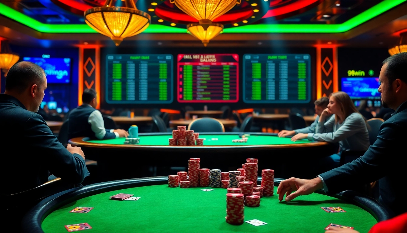 Poker players immersed in a thrilling game at 98win's luxurious casino table, showcasing excitement and strategy.