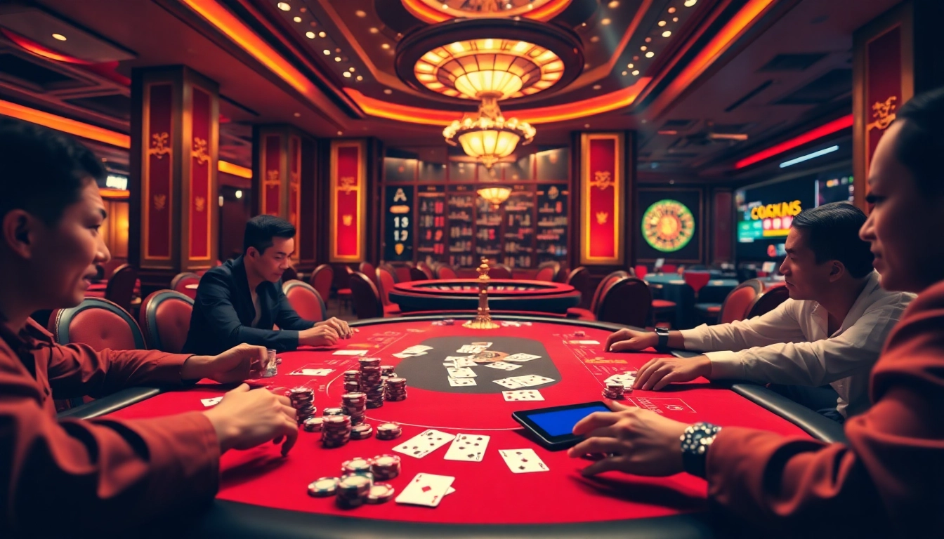 Experience vibrant poker action at Dominoqiu, showcasing colorful chips and cards in an elegant casino.