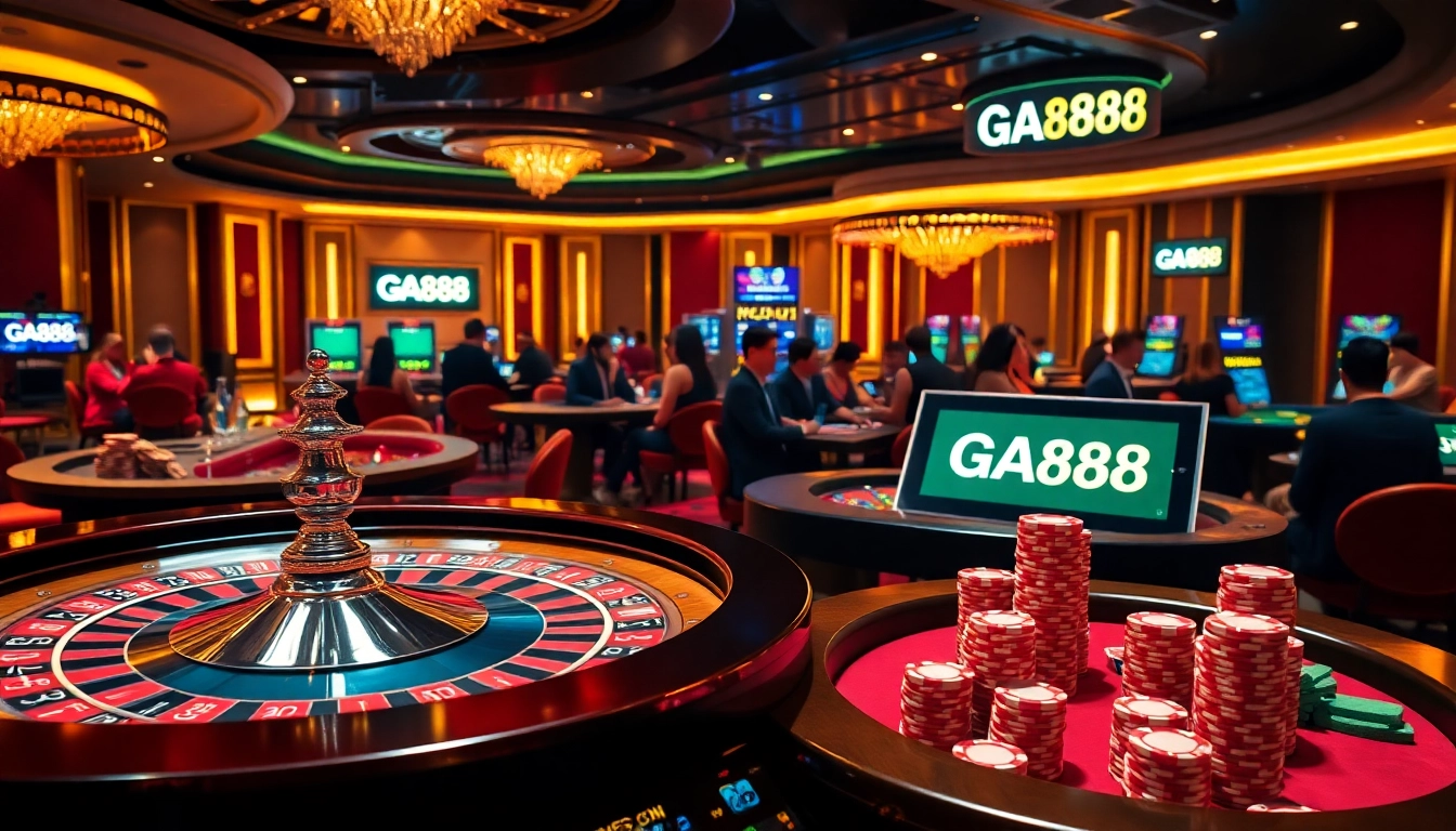 Experience thrilling gaming at GA888's luxurious online casino, featuring vibrant tables and chips.