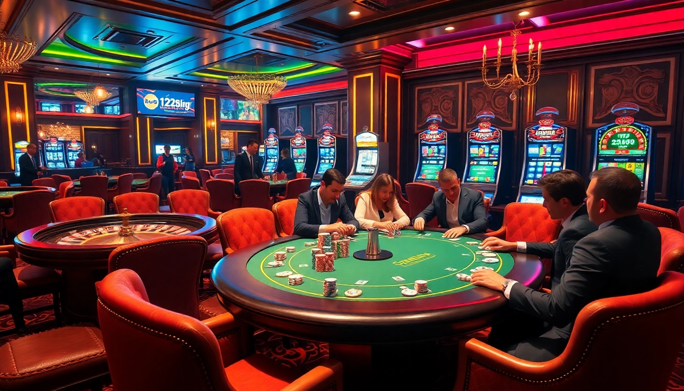 Players engage in high-stakes poker at 123b.ing, surrounded by vibrant casino decor and thrilling atmosphere.